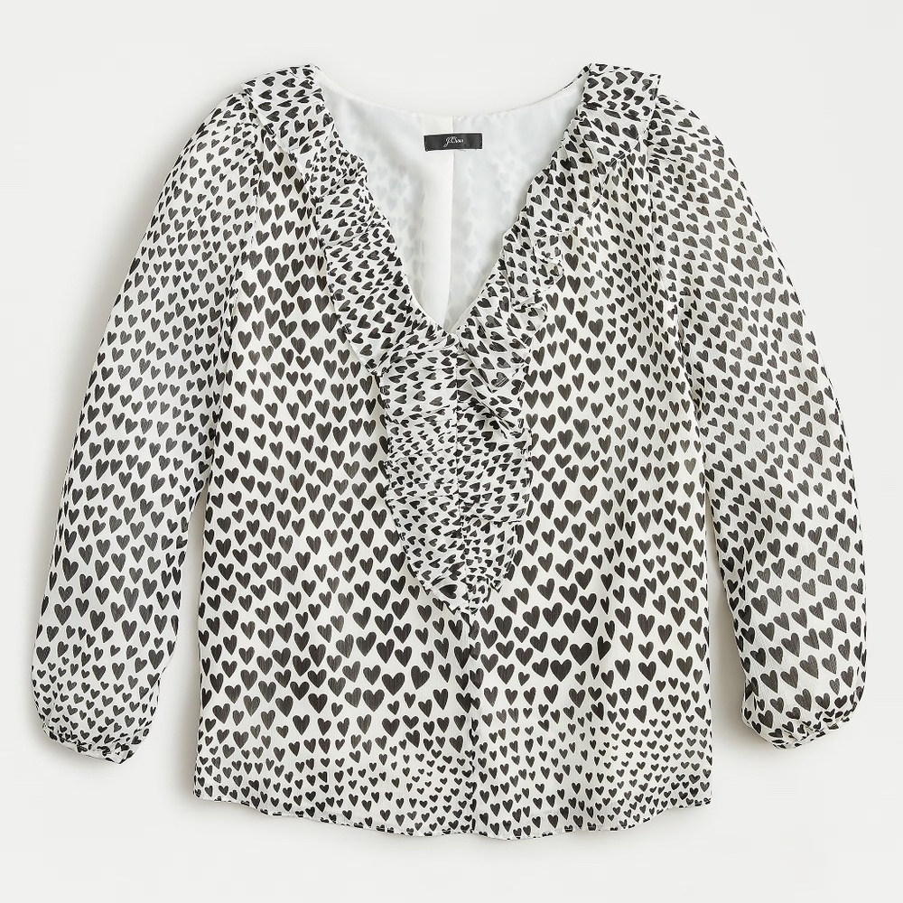J. Crew Black and White Blouse in Heart Print Size L Preppy ~ Feminine!